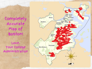 The map you got in your college welcome packet. Collage by Jason Pramas. "Boston ONS Neighborhoods" map by Goran tek-en, CC BY-SA 4.0 , via Wikimedia Commons.