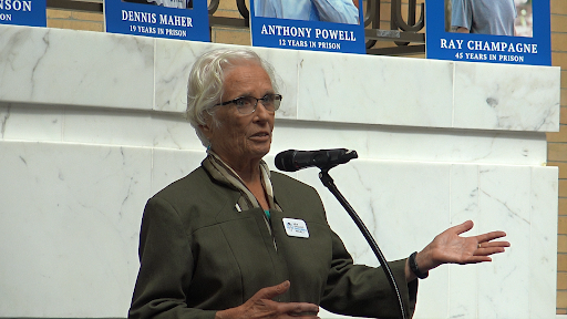 Shows Senator Jehlen advocating for increased wrongful conviction compensation on Beacon Hill