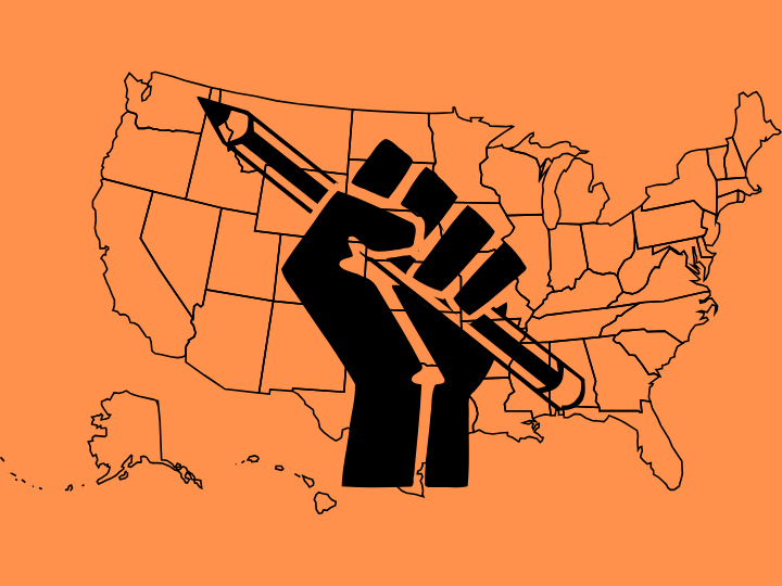 Collage by Jason Pramas. Description: Pen in fist, symbol of the free press, over a map of the US colored in orange--the color associated with incoming President Donald Trump.