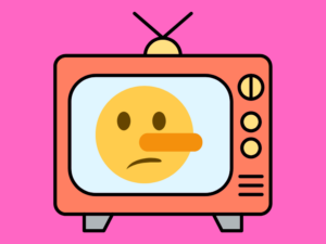 a scowling emoji with a growing carrot-like nose inside a TV denoting news that ill serves the public