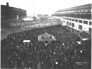 Large crowd outside of Skinner and Eddy employment office. The shipyard workers struck two weeks before the Seattle General Strike on Feb. 6, 1919.