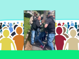Image of the arrest of Rosane Ferreira De Oliveira by ICE in Worcester--surrounded by clip art of the silhouette of a crowd of people