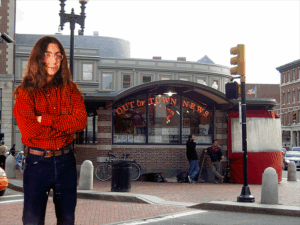Collage of a young Jason Pramas overlaid over a photo of Out of Town News in Harvard Square, Cambridge, Mass.