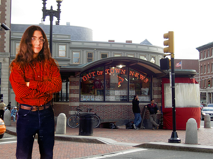 Collage of a young Jason Pramas overlaid over a photo of Out of Town News in Harvard Square, Cambridge, Mass.