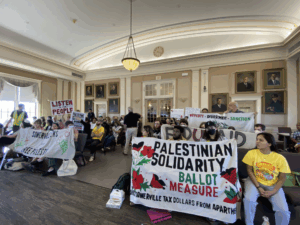 Community members filling Somerville City Council chambers. Photo courtesy of Somerville Boycott Question for Palestine Committee.