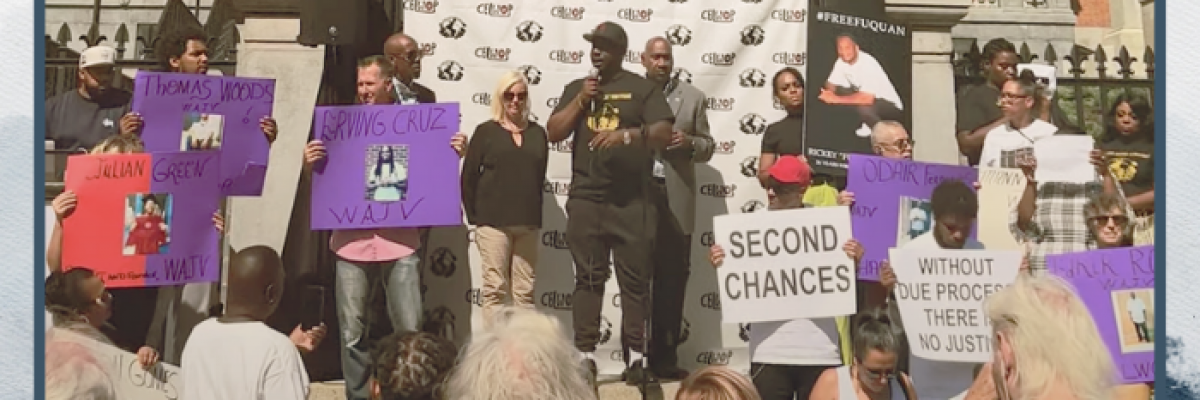 Formerly incarcerated Mac Hudson, now of Prisoners’ Legal Services, speaks at a rally to end harsh sentencing at the Massachusetts State House on Sept. 20 | Image via PLS