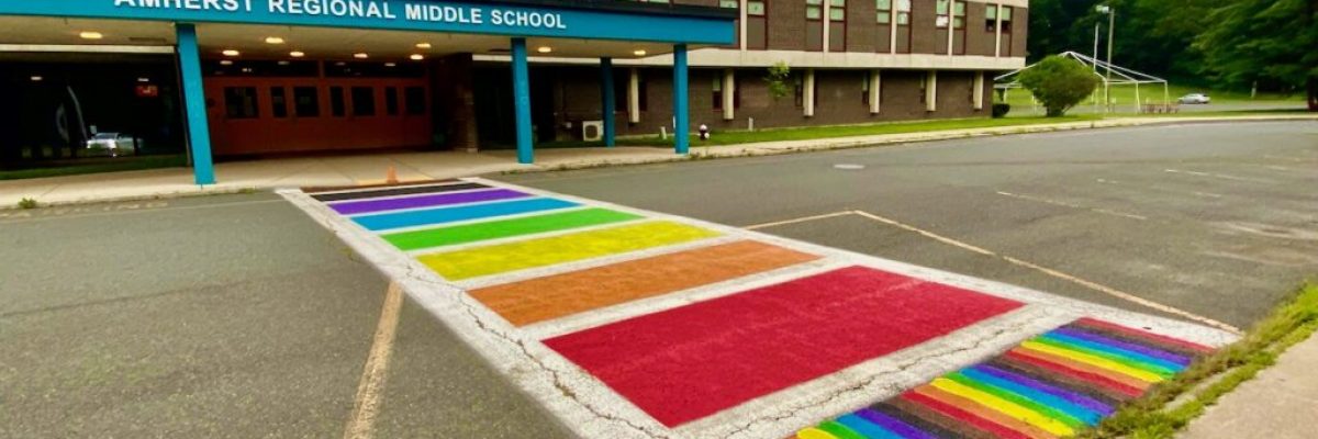 The rainbow crosswalk at Amherst Regional Middle School. Photo: Art Keene. Used with permission.