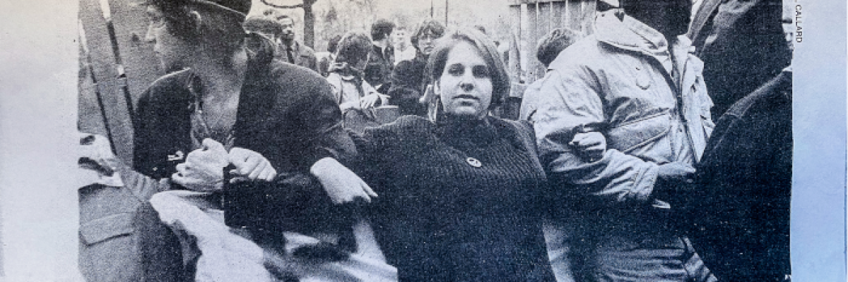 Boston University student anti-apartheid protestors in 1986. Photo of 2010 scan of a page from the April 30, 1986 edition of the Daily Free Press by Jason Pramas. Original Daily Free Press photo by Paul Callard.