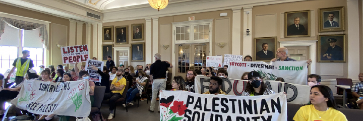 Community members filling Somerville City Council chambers. Photo courtesy of Somerville Boycott Question for Palestine Committee.