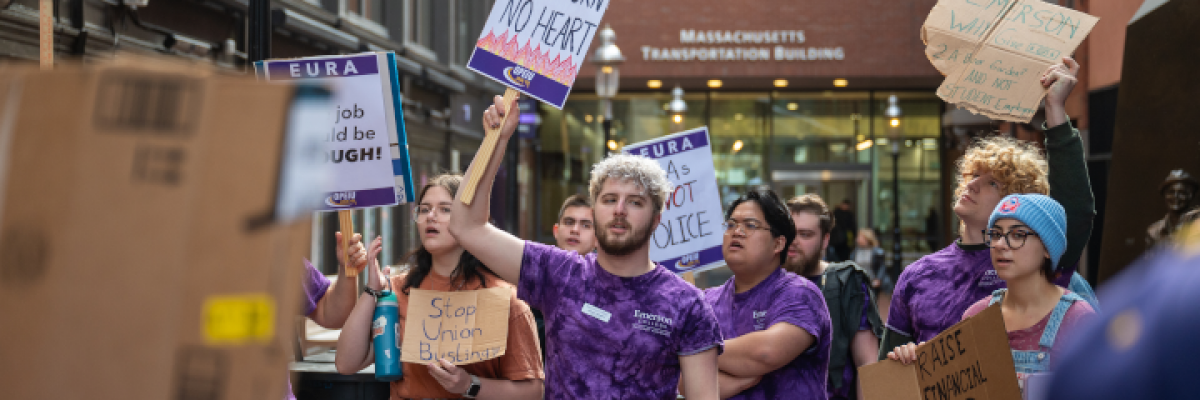 Emerson Union for Resident Assistants protest outside Emerson College President Jay Bernhardt's office on November 17, 2023. Photo by Frank Chen. Copyright 2023 Frank Chen.