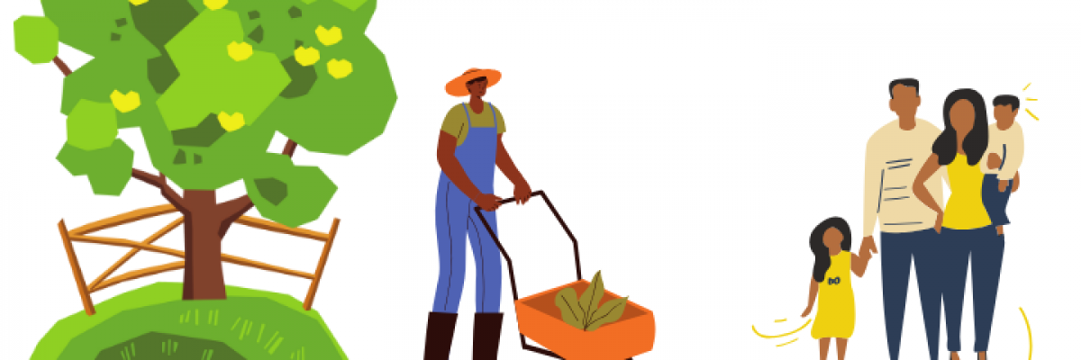 Collage of farmer bringing family food