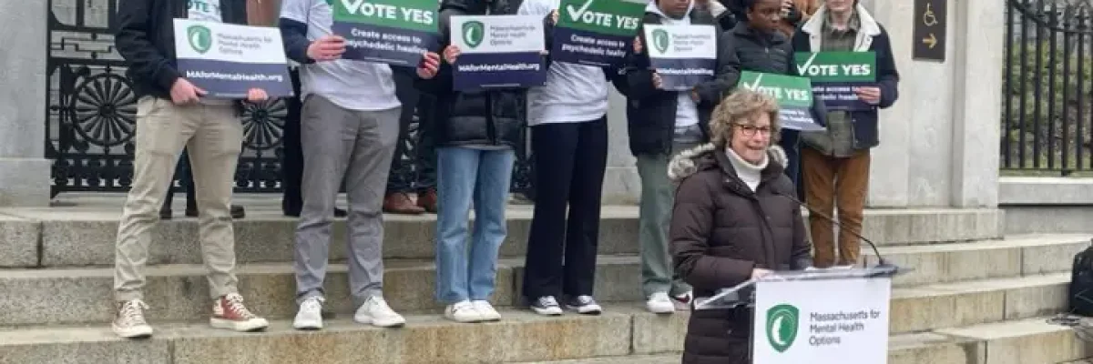 Psychedelics advocates rally at the Massachusetts State House on Tuesday, March 26 | Photo by Jack Gorsline