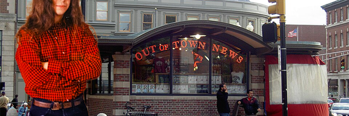 Collage of a young Jason Pramas overlaid over a photo of Out of Town News in Harvard Square, Cambridge, Mass.