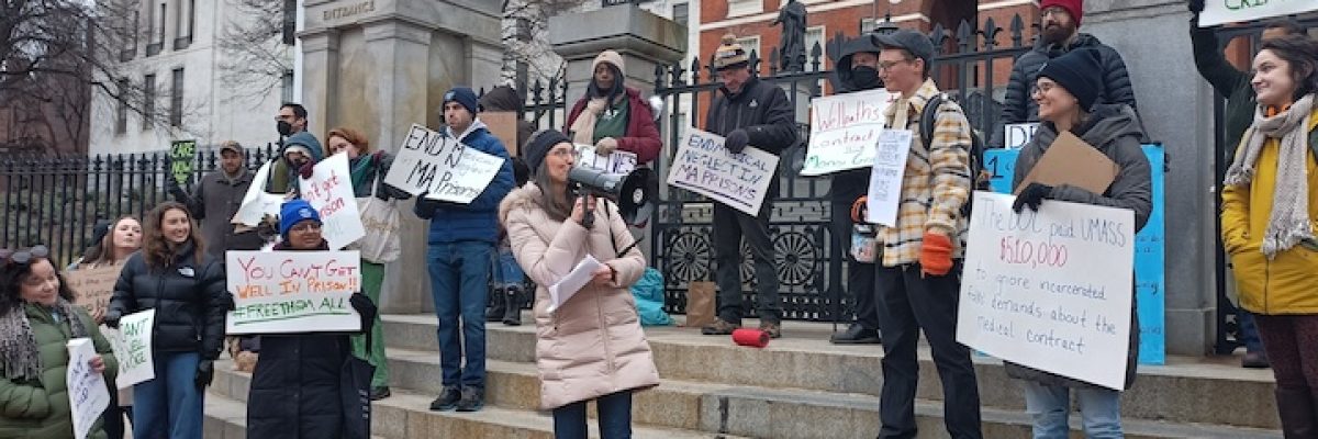 Hannah Michelle Brower leads prison healthcare activists in a chant at a rally at the State House on Saturday, Jan. 6, 2024. The activist group DeeperThanWater is demanding the state Department of Correction add more safeguards for inmates’ health in a bid for a contractor to provide prison health services | Photo by Dan Atkinson