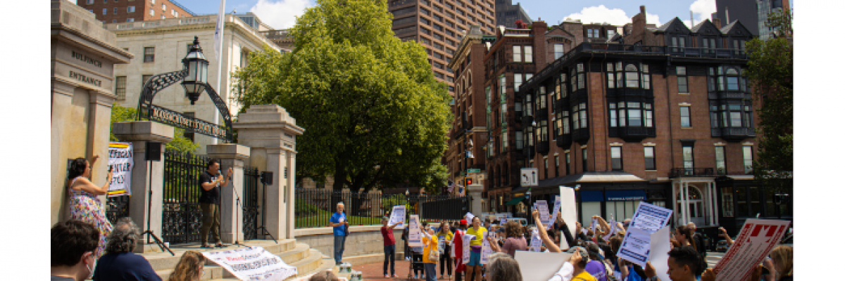 Protestors cheer at June 15, 2023 indigenous rights rally in front of the Mass State House as Jean-Luc Pierite gives a speech. Photo by Yaakov Aldrich. Copyright 2023 Yaakov Aldrich.