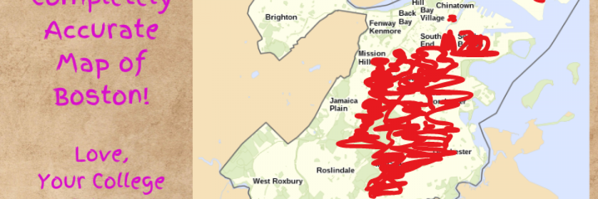 The map you got in your college welcome packet. Collage by Jason Pramas. "Boston ONS Neighborhoods" map by Goran tek-en, CC BY-SA 4.0 , via Wikimedia Commons.