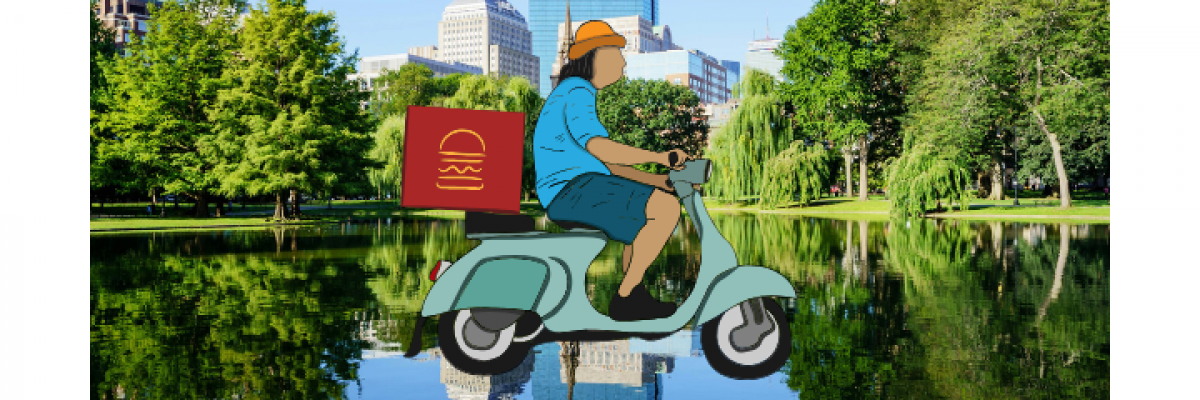 Collage of a delivery driver riding his scooter over the pond on Boston's Public Garden by Jason Pramas. Downloaded from BINJ's paid Canva account on September 25, 2025.