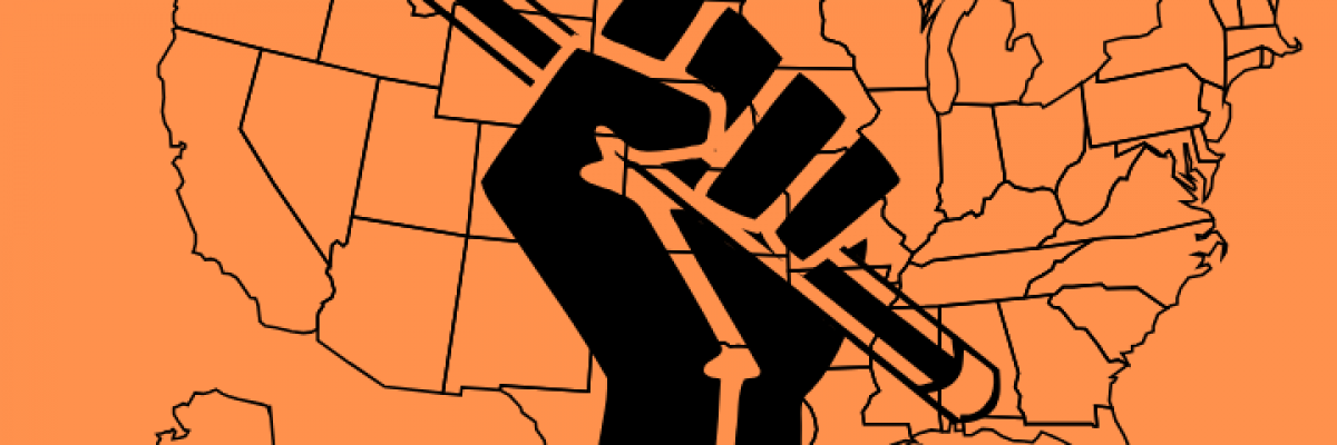 Collage by Jason Pramas. Description: Pen in fist, symbol of the free press, over a map of the US colored in orange--the color associated with incoming President Donald Trump.